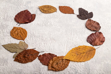 Wreath circle composition with yellow and brown autumn leaves, mockup on gray concrete background. side view, copy space.