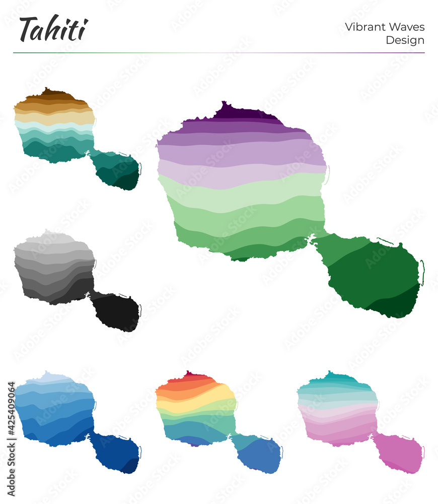 Poster set of vector maps of tahiti. vibrant waves design. bright map of island in geometric smooth curves 