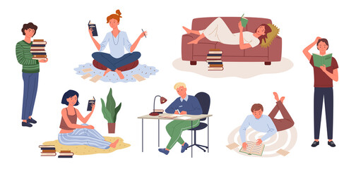Cartoon young woman holding book and studying, man character sitting at table doing homework, happy girl lying on cozy sofa and reading book. People study learn or work at home vector illustration set