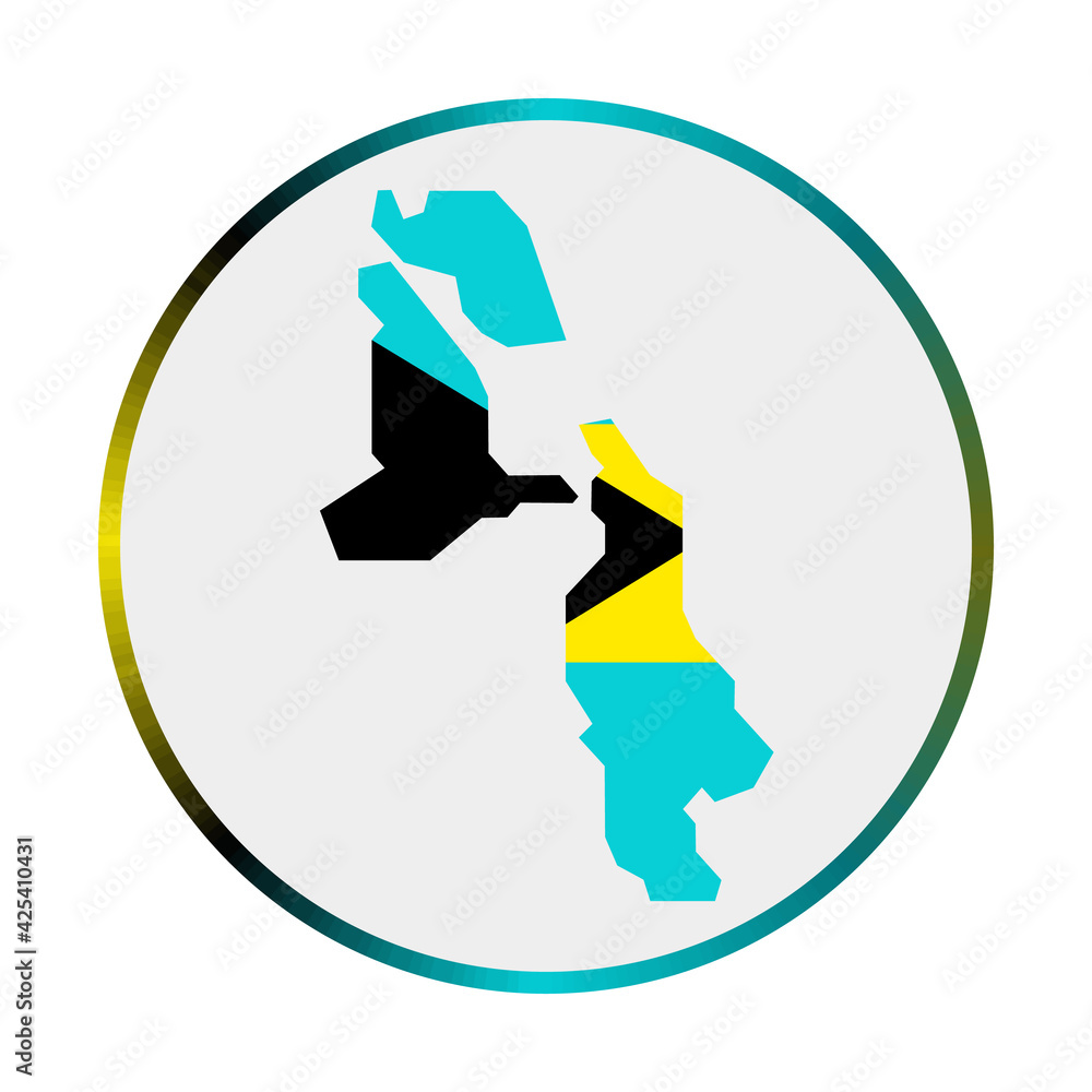 Poster pig beach icon. shape of the island with pig beach flag. round sign with flag colors gradient ring. 