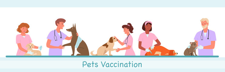 Veterinary clinic hospital, healthcare service vector illustration set. Cartoon visit to veterinarian doctor woman man characters, pet dog domestic animals on medical vet checkup isolated on white.