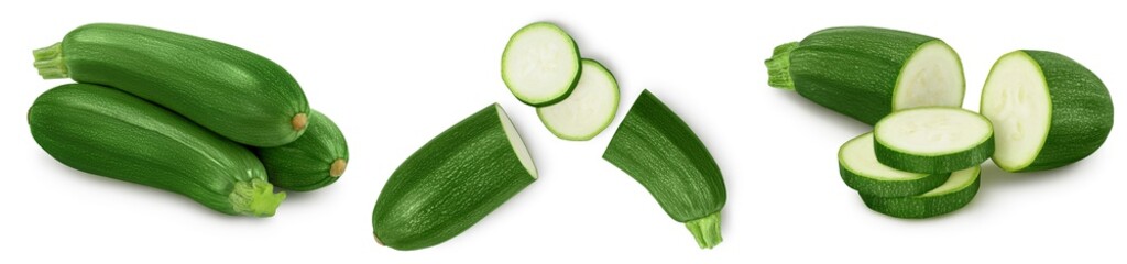 Fresh whole zucchini isolated on white background with clipping path and full depth of field. Set or collection