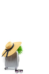 Summer time. Travel accessories with suitcase, straw hat, palm leaves in minimal trip vacation concept isolated on white background. Exotic tropical beach with copy space.