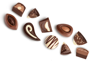 Chocolate candy isolated on white background with clipping path and full depth of field. Top view. Flat lay. Set or collection