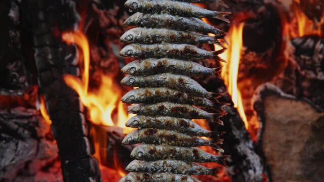 Closeup of sardines on spit being grilled on charcoals on background with open fire. Typical Andalusian cuisine
