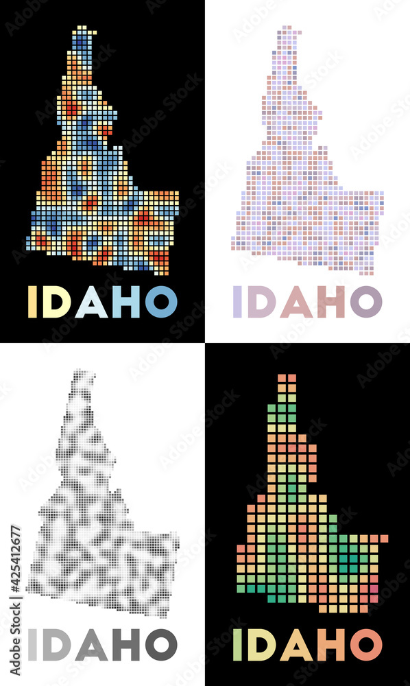 Aufkleber idaho map. collection of maps of idaho in dotted style. borders of the us state filled with rectangl