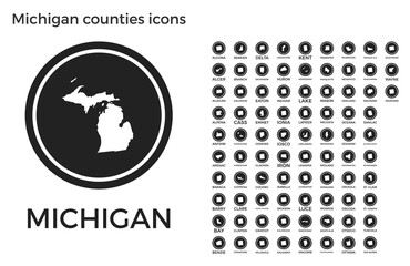 Michigan counties icons. Black round logos with US state counties maps and titles. Vector illustration.