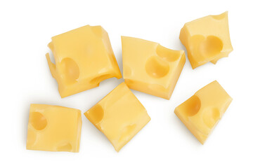 cubes of cheese isolated on white background with clipping path. Top view. Flat lay