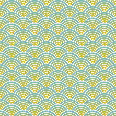 Fish scale seamless pattern background. Overlapping repeating circles make waves background. Abstract design element. Blue and yellow vector illustration.