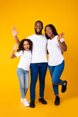 African American family waving hands at camera at studio