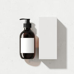 Minimal mockup background for product presentation. Cosmetic bottle and cardboard packaging box on white background. Clipping path of each element included. 3d rendering illustration. 