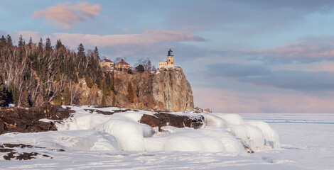Split Rock Lighthouse on the shore of Lake Superior, Minnesota, at sunset	