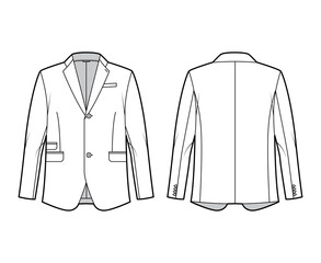 Tailored jacket lounge suit technical fashion illustration with long sleeves, notched lapel collar, flap went pockets. Flat coat template front, back, white color style. Women, men, unisex CAD mockup