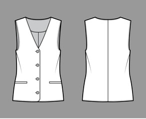 Button front vest waistcoat technical fashion illustration with sleeveless, welt besom pockets, fitted body. Flat apparel template front, back, white color style. Women, men, unisex top CAD mockup
