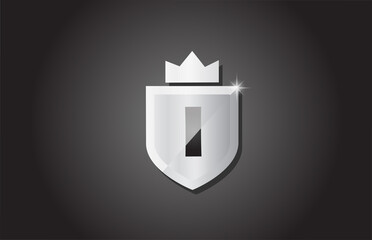 Creative shield I alphabet letter icon logo in grey color. Corporate business design for company template identity with king crown and light spark