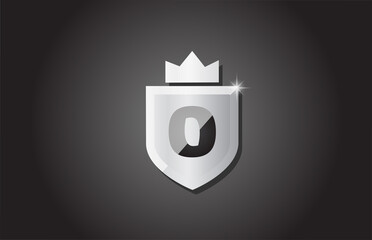 Creative shield O alphabet letter icon logo in grey color. Corporate business design for company template identity with king crown and light spark