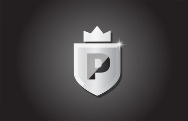 Creative shield P alphabet letter icon logo in grey color. Corporate business design for company template identity with king crown and light spark