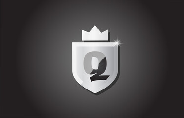Creative shield Q alphabet letter icon logo in grey color. Corporate business design for company template identity with king crown and light spark