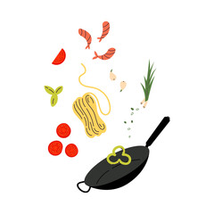 Wok pot. Asian street food. Noodles with traditional Ingredients. Cartoon style. Vector illustration. Isolated on white background. Design for menu, cafe and asian restaurant. 