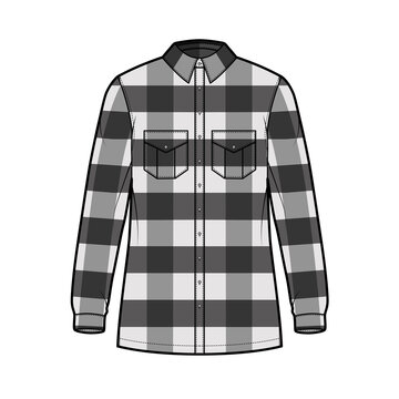 Lumber Jacket Technical Fashion Illustration With Buffalo Check Motif, Oversized Body, Flap Pockets, Button Closure, Long Sleeves. Flat Apparel Front, Grey Color Style. Women, Men Unisex CAD Mockup