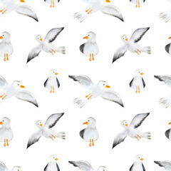 Seamless pattern with funny watercolor seagulls illustrations. 
