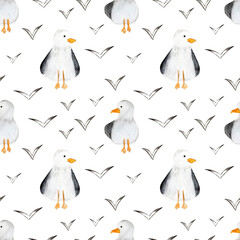 Seamless pattern with cute watercolor seagulls illustrations. For kids textile, prints, decor. 