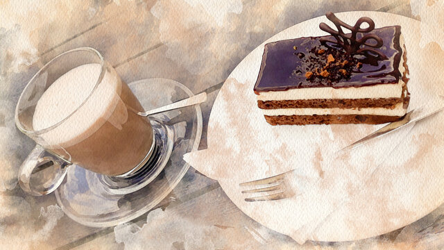 Coffee and cake watercolor pattern colorful illustration