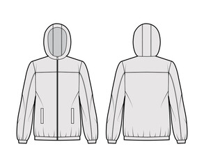 Windbreaker jacket technical fashion illustration with hood, oversized, long sleeves, welt pockets, zip-up opening. Flat coat template front, back, grey color style. Women, men, unisex top CAD mockup © Vectoressa