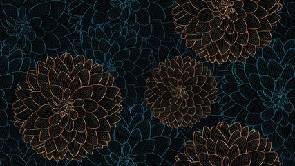 Luxurious vintage seamless pattern with golden flowers dahlia and leaves. - obrazy, fototapety, plakaty