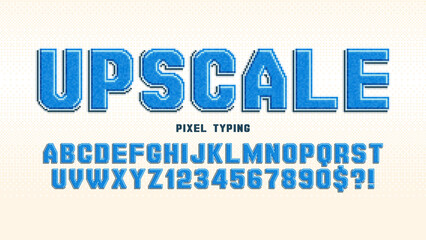 Pixel vector alphabet design, stylized like in 8-bit games. High contrast and sharp, retro-futuristic.