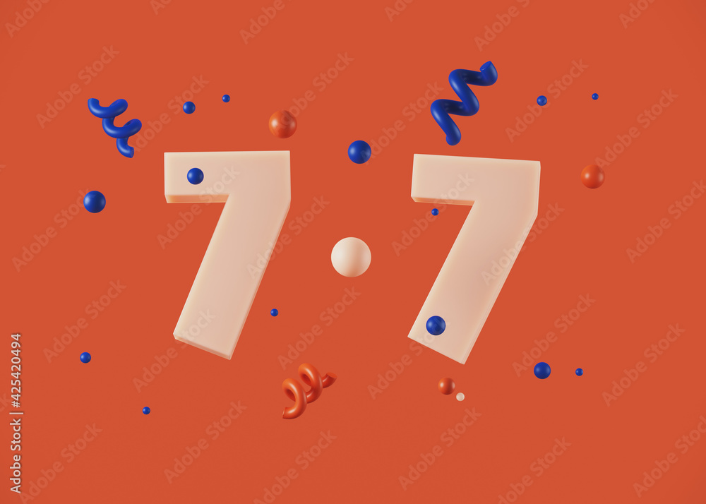 Poster abstract background for online and shopping concept. pink 7.7 alphabet letters on orange background.