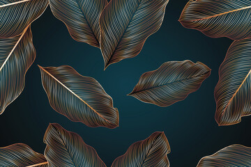 Luxurious gold seamless pattern with tropical leaves.