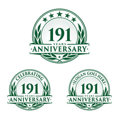 191 years anniversary logo set. 191st years anniversary celebration logotype. Vector and illustration. 