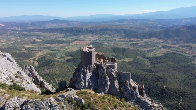 View of medieval Chateau de Queribus castle. Aude department. Languedoc-Roussillon region. France