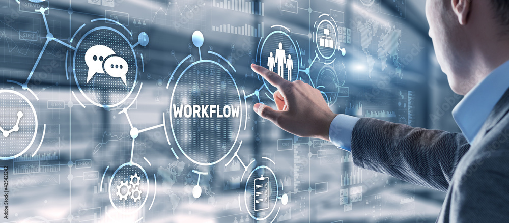 Poster workflow repeatability systematization buisness process. business technology internet