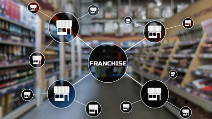 Franchise lettering on blurred warehouse background. Marketing system
