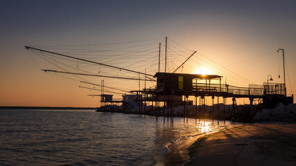 Trabucchi, old fishing machines typical of south Adriatic coast, at the mouth of the Pescara River,...