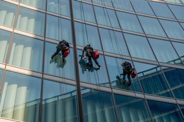 skilled glass cleaners who lower themselves with slings from above
