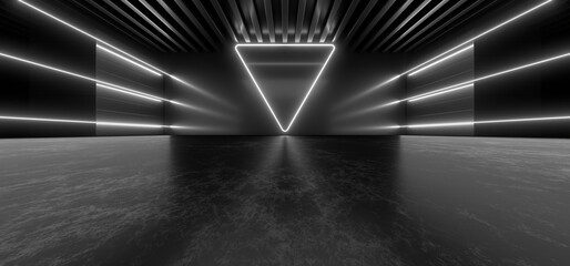 A dark corridor lit by white neon lights. Reflections on the floor and walls. 3d rendering image.