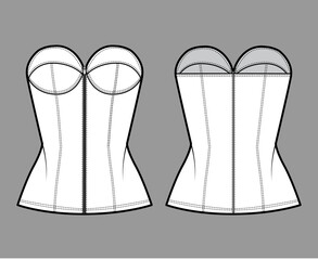 Denim corset top bustier technical fashion illustration with basque, strapless, zip-up closure, cups, fitted body. Flat apparel template front, back, white color style. Women, men, unisex CAD mockup