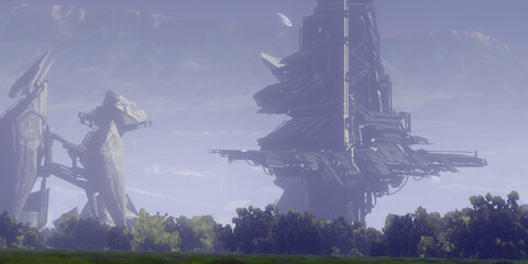 3D illustration. Alien planet. Futuristic buildings remnants. Space opera imaginary universe.