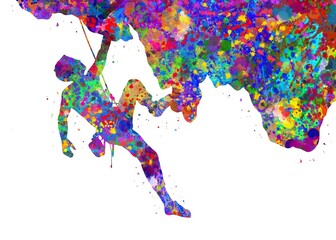 Climber male watercolor art, abstract painting. sport mountain art print, watercolor illustration rainbow, colorful, decoration wall art.