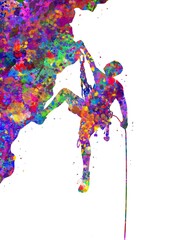 Fototapeta premium Climber man watercolor art, abstract painting. sport mountain art print, watercolor illustration rainbow, colorful, decoration wall art.