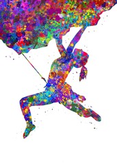 Climber female watercolor art, abstract painting. sport mountain art print, watercolor illustration rainbow, colorful, decoration wall art.