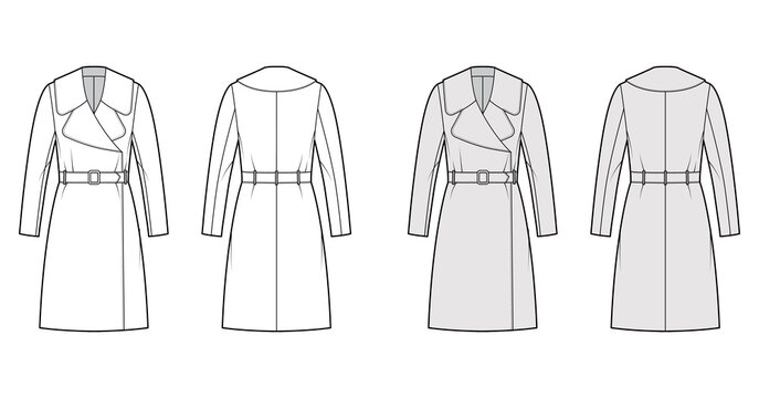 Belted coat technical fashion illustration with long sleeves, huge notched collar, oversized body, knee length. Flat jacket template front, back, white, grey color style. Women, men, unisex CAD mockup