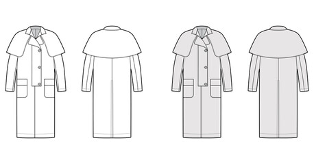 Duster coat technical fashion illustration with long sleeves, napoleon lapel collar, oversized body, midi length, cape. Flat jacket template front, back, white, grey color. Women, men, top CAD mockup