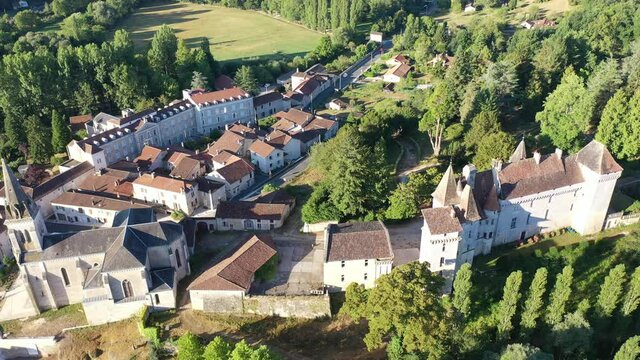 Aerial view of Chateau Leveque commune in the Dordogne department in Nouvelle-Aquitaine, France. High quality 4k footage