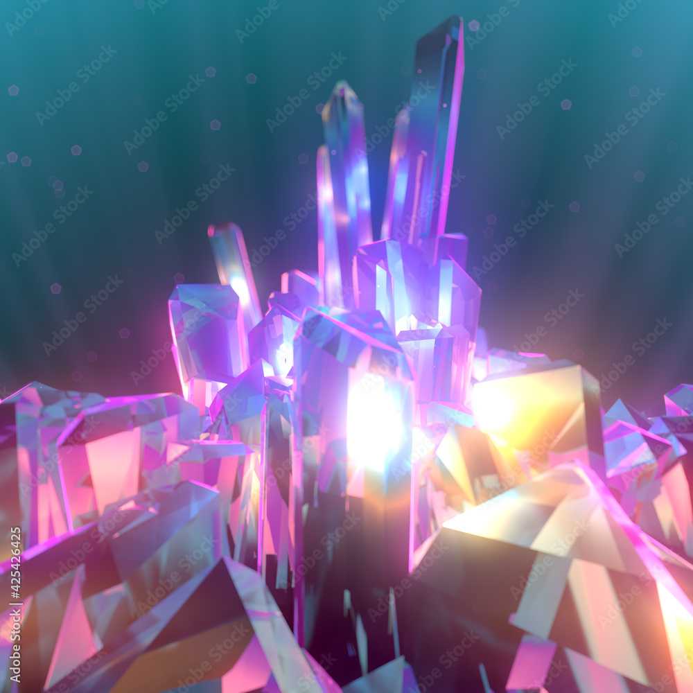 Aufkleber 3d rendering digital illustration with shiny crystals. light particles is reflected in gem. luxury a