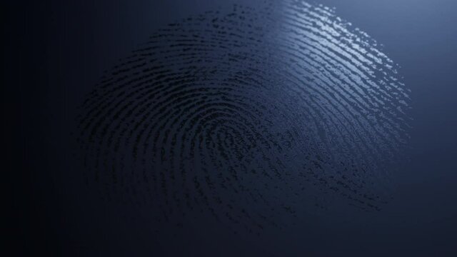 Fingerprint mark is revealed on dark blue surface. Supermacro realistic 3d render animation