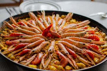 Seafood paella with delicious white wine